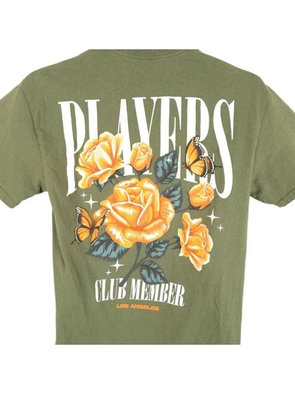Players Club T Shirt Mens Size Medium Green Orange Roses Butterflies